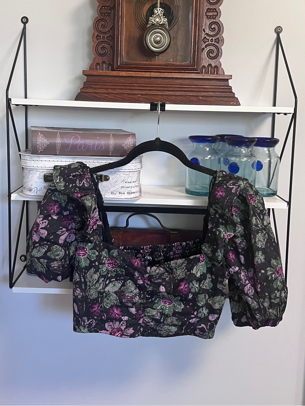 Zara Black Crop Top with Pink & Green Floral Puff Sleeves